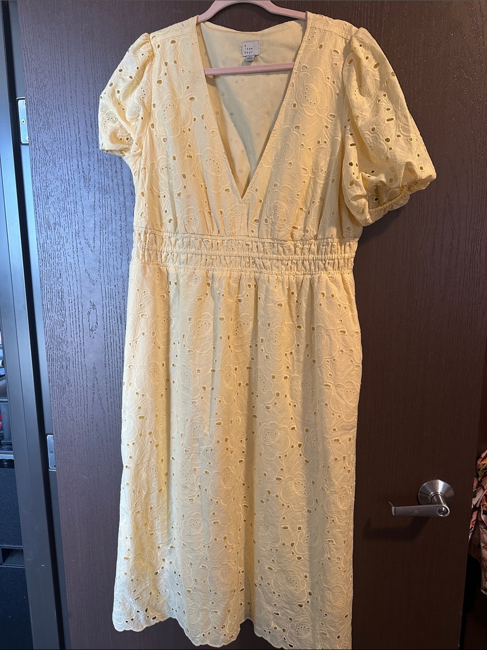 a new day Pale Yellow Eyelet V-Neck Midi Dress